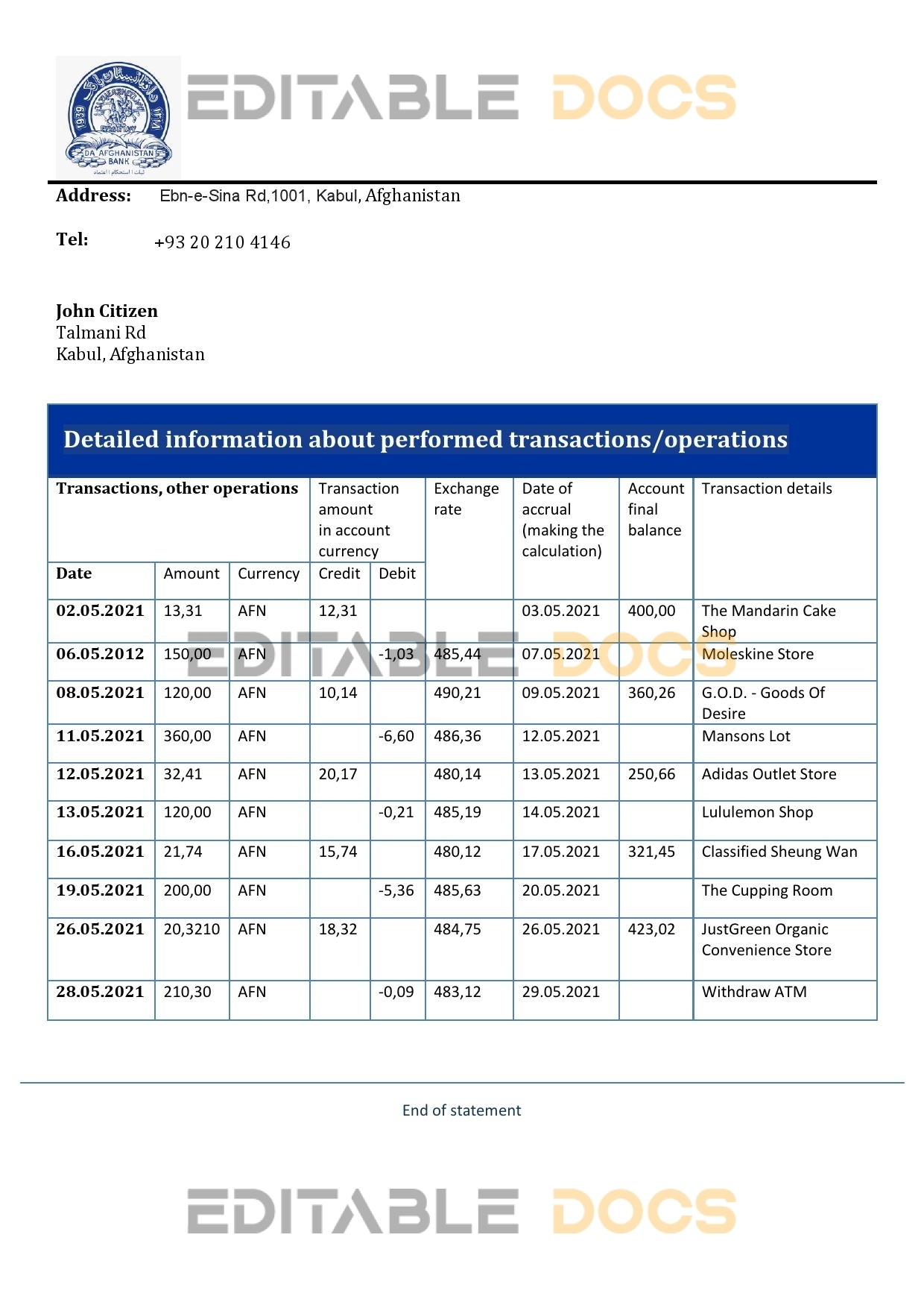 Afghanistan Da Afghanistan Bank (DAB) bank statement template in Word and PDF format
