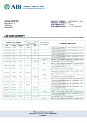 Afghanistan International Bank (AIB) bank statement template in Word and PDF format