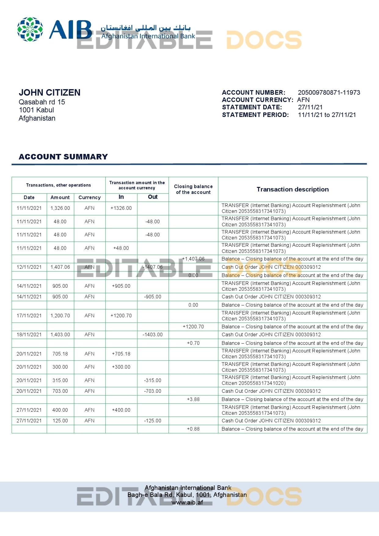 Afghanistan International Bank (AIB) bank statement template in Word and PDF format