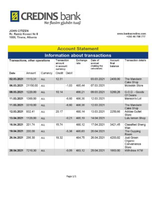 Albania Credins Bank statement template in Word and PDF format