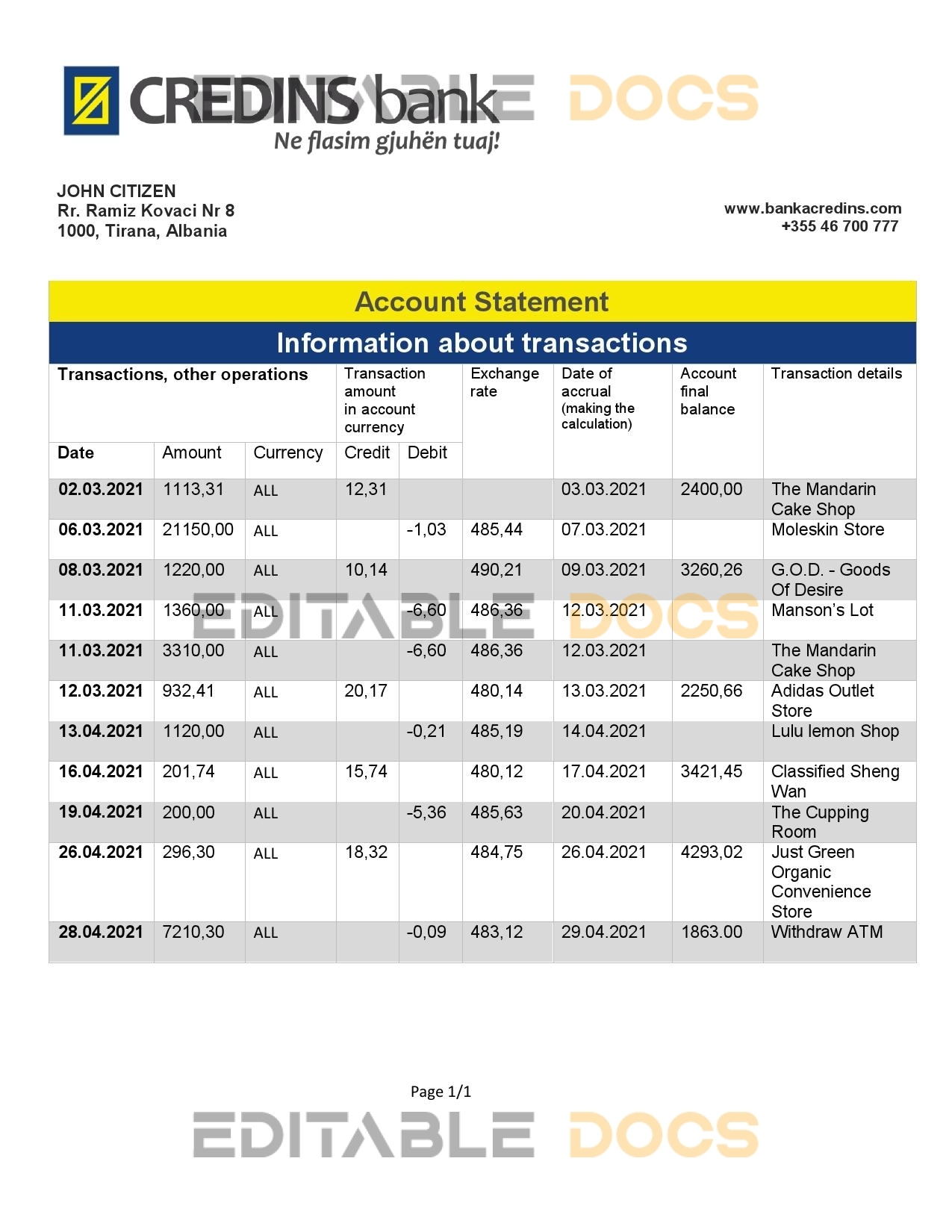 Albania Credins Bank statement template in Word and PDF format