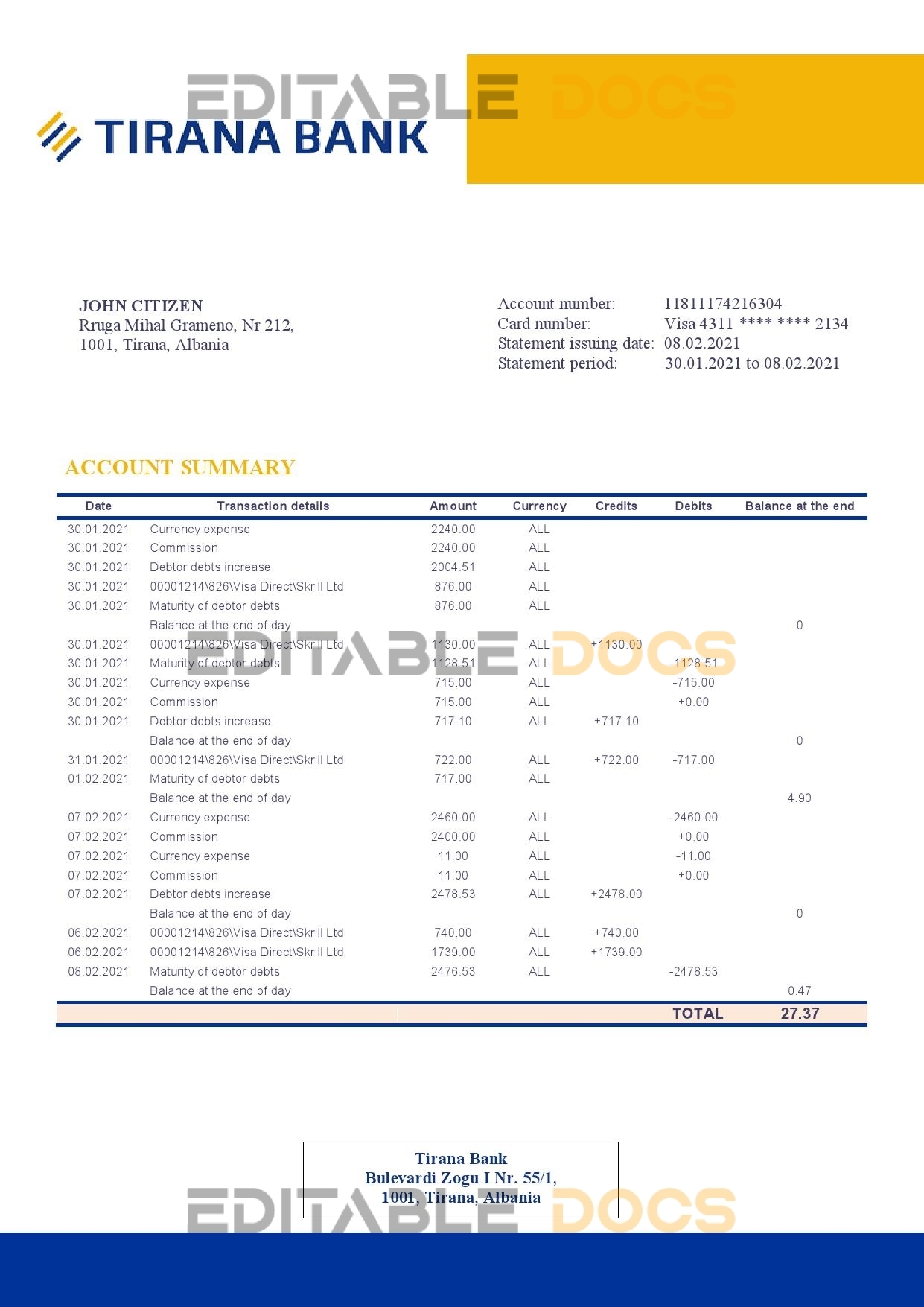 Albania Tirana bank statement template in .doc and .pdf format, fully editable