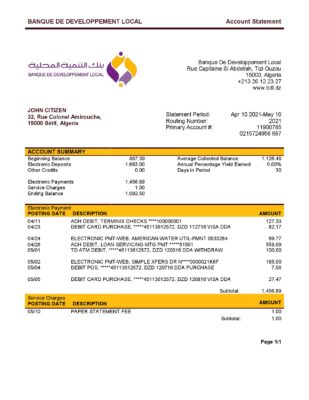 Algeria Banque de Developpement Local (BDL) bank account statement template in Word and PDF format