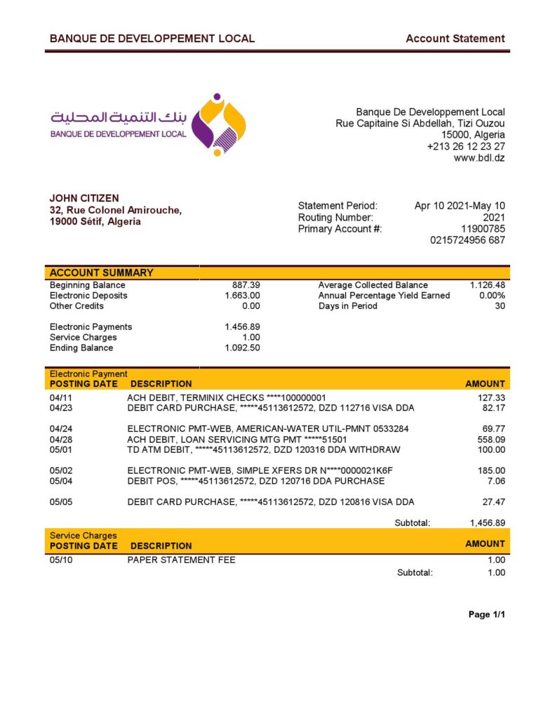 Algeria Banque de Developpement Local (BDL) bank account statement template in Word and PDF format