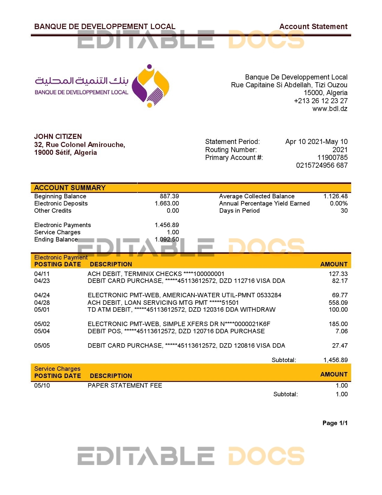 Algeria Banque de Developpement Local (BDL) bank account statement template in Word and PDF format