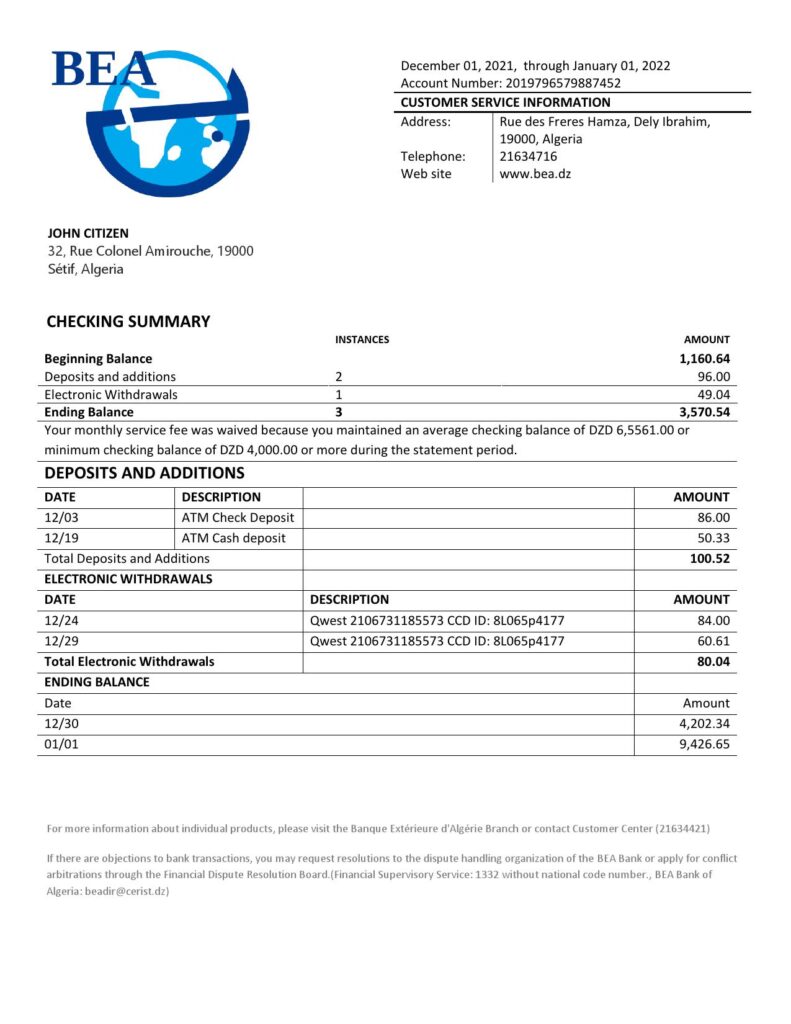 Algeria Banque extérieure d’Algérie bank statement template in Word and PDF format