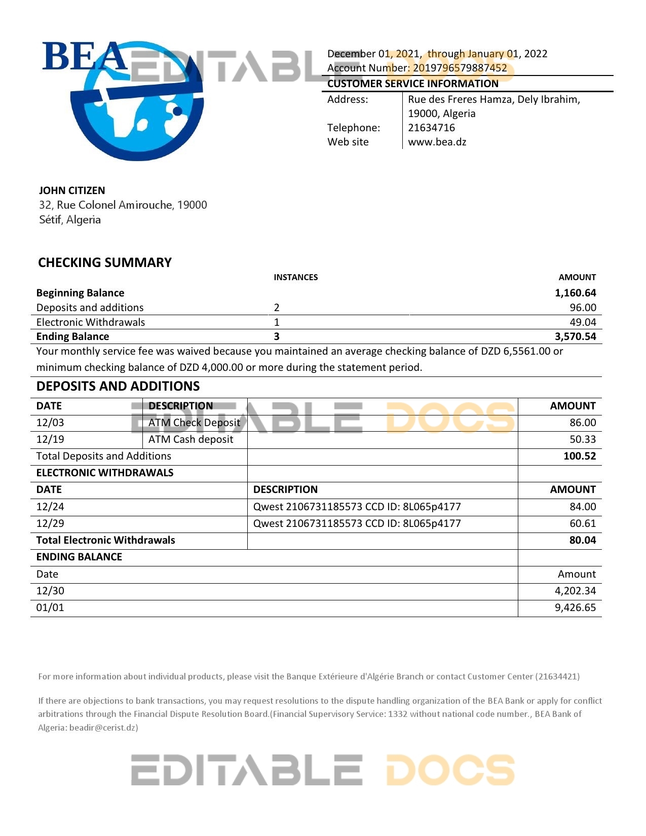 Algeria Banque extérieure d’Algérie bank statement template in Word and PDF format
