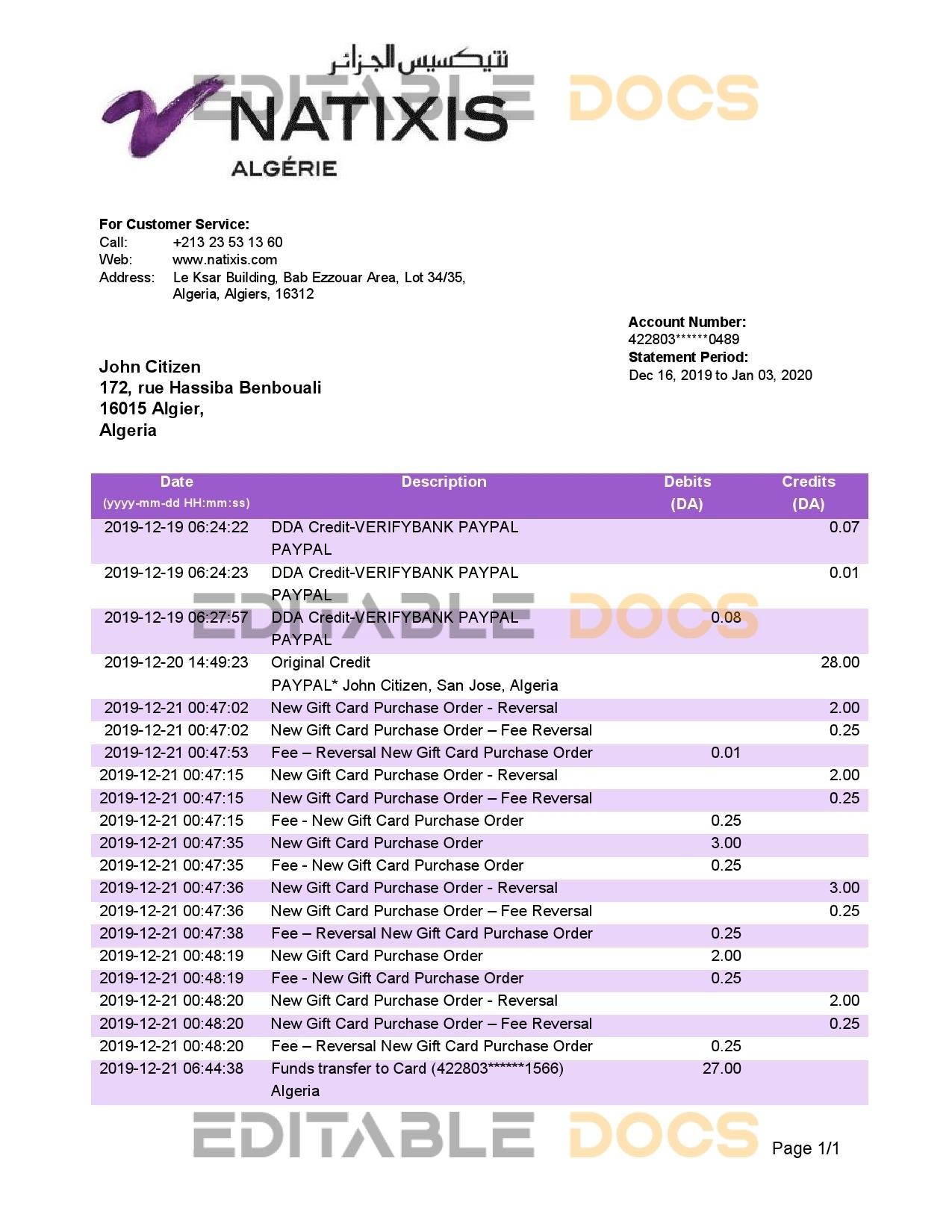 Algeria Natixis Algerie bank proof of address bank statement template in Word and PDF format