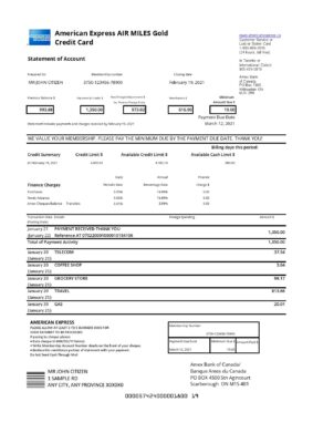 Canada American Express Air Miles Credit Card account statement template in .xls and .pdf file format (AutoSum)