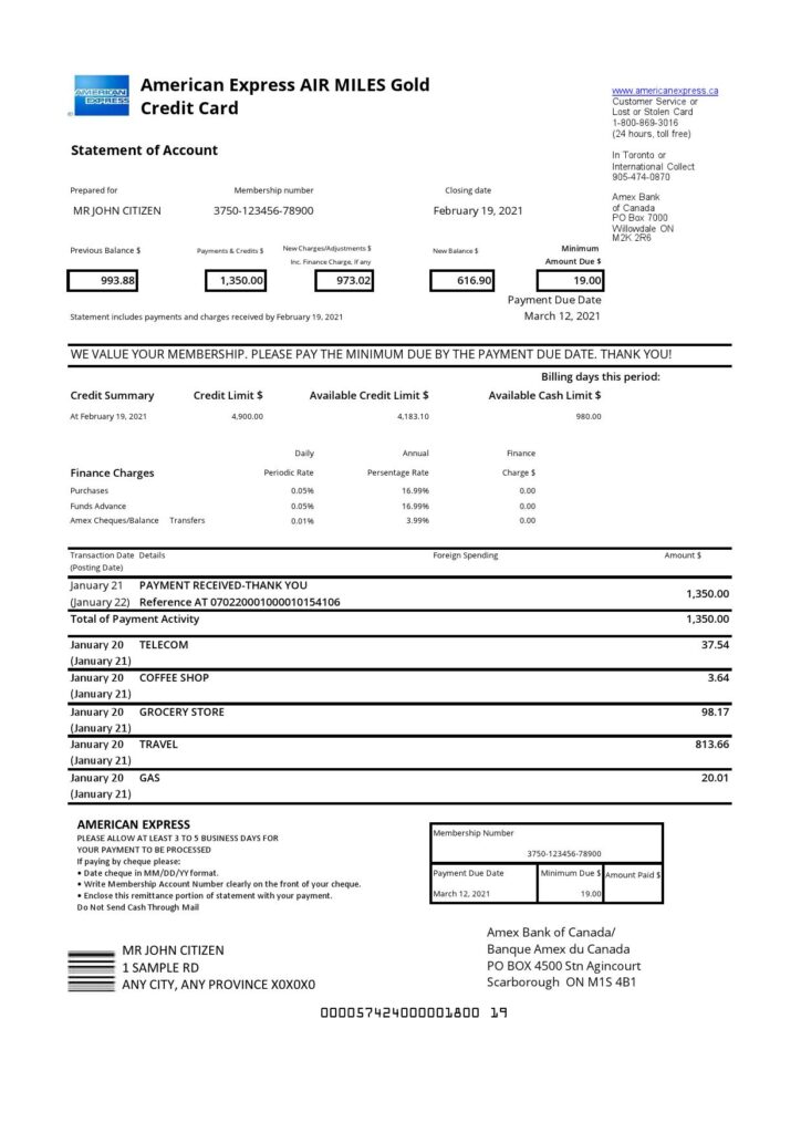 Canada American Express Air Miles Credit Card account statement template in .xls and .pdf file format (AutoSum)