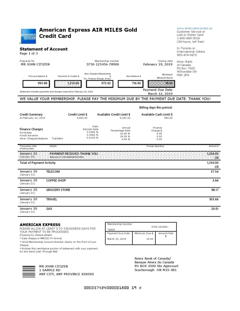 Canada American Express Air Miles Credit Card account statement easy to fill template in Word and PDF format