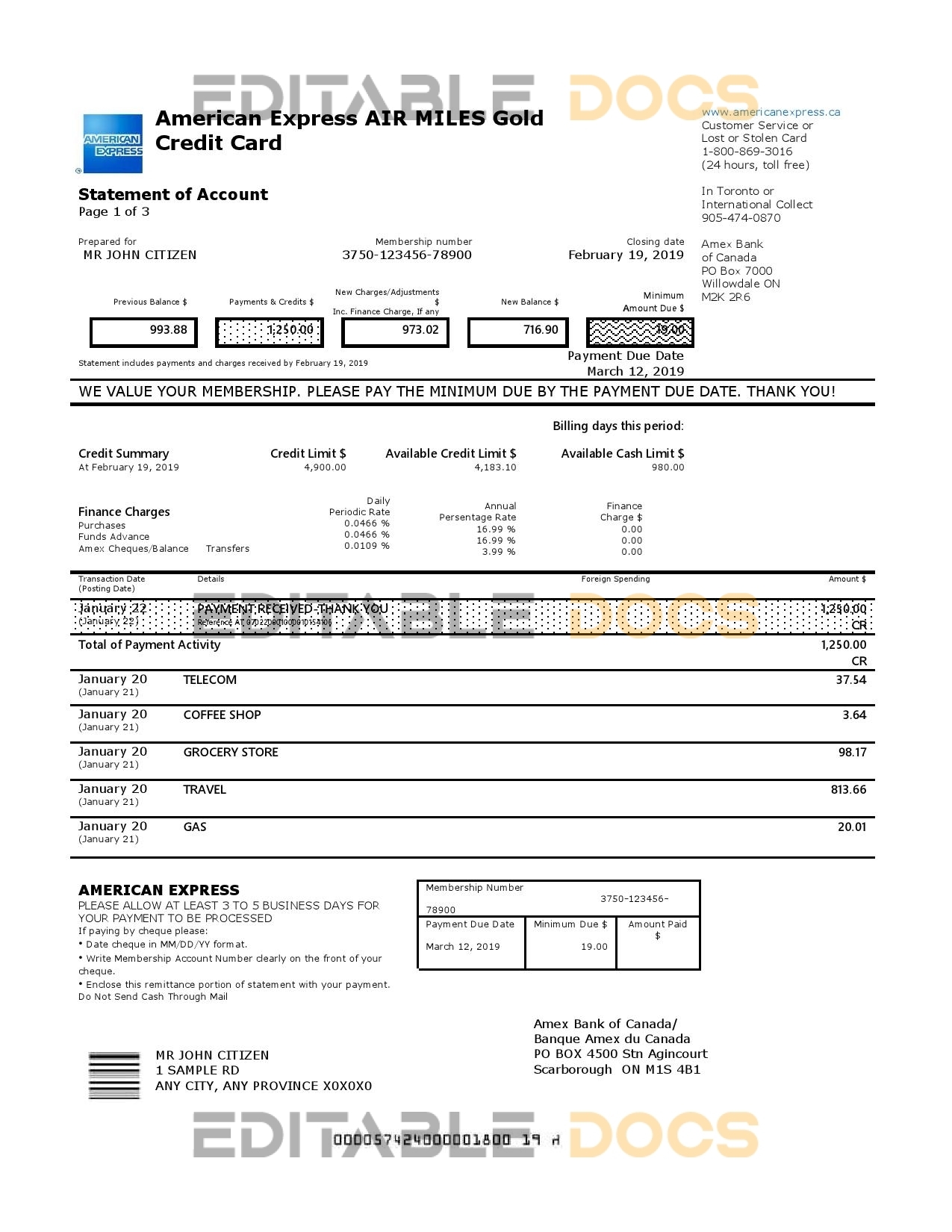Canada American Express Air Miles Credit Card account statement easy to fill template in Word and PDF format