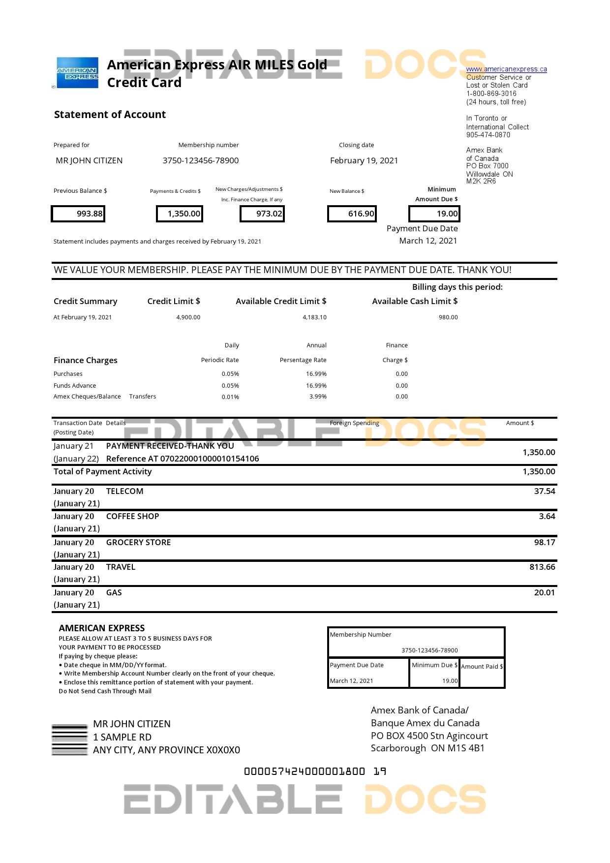 Canada American Express Air Miles Credit Card account statement template in .xls and .pdf file format (AutoSum)