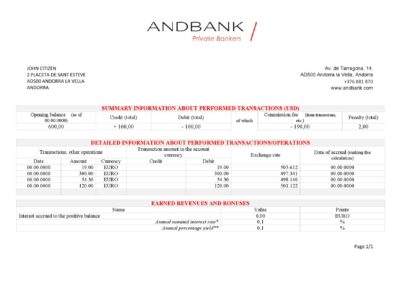 Andorra Andbank bank statement template in Excel and PDF format