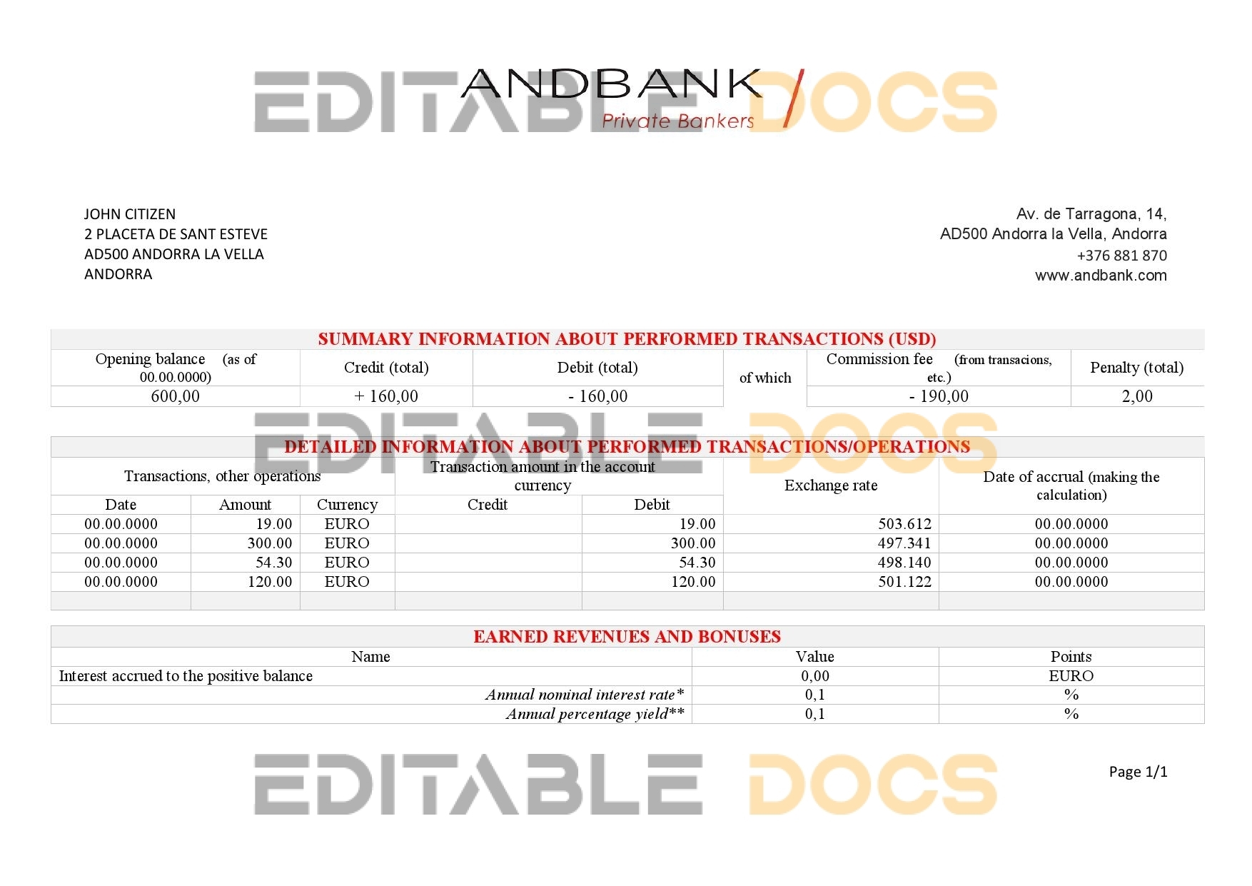 Andorra Andbank bank statement template in Excel and PDF format