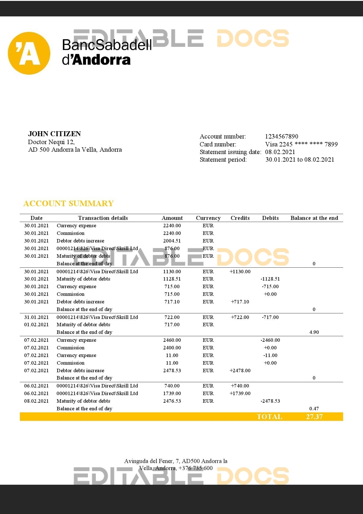 Andorra BancSabadell d’Andorra bank statement template in Word and PDF format
