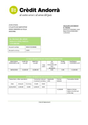 Andorra Credit Andorra bank statement template in Excel and PDF format