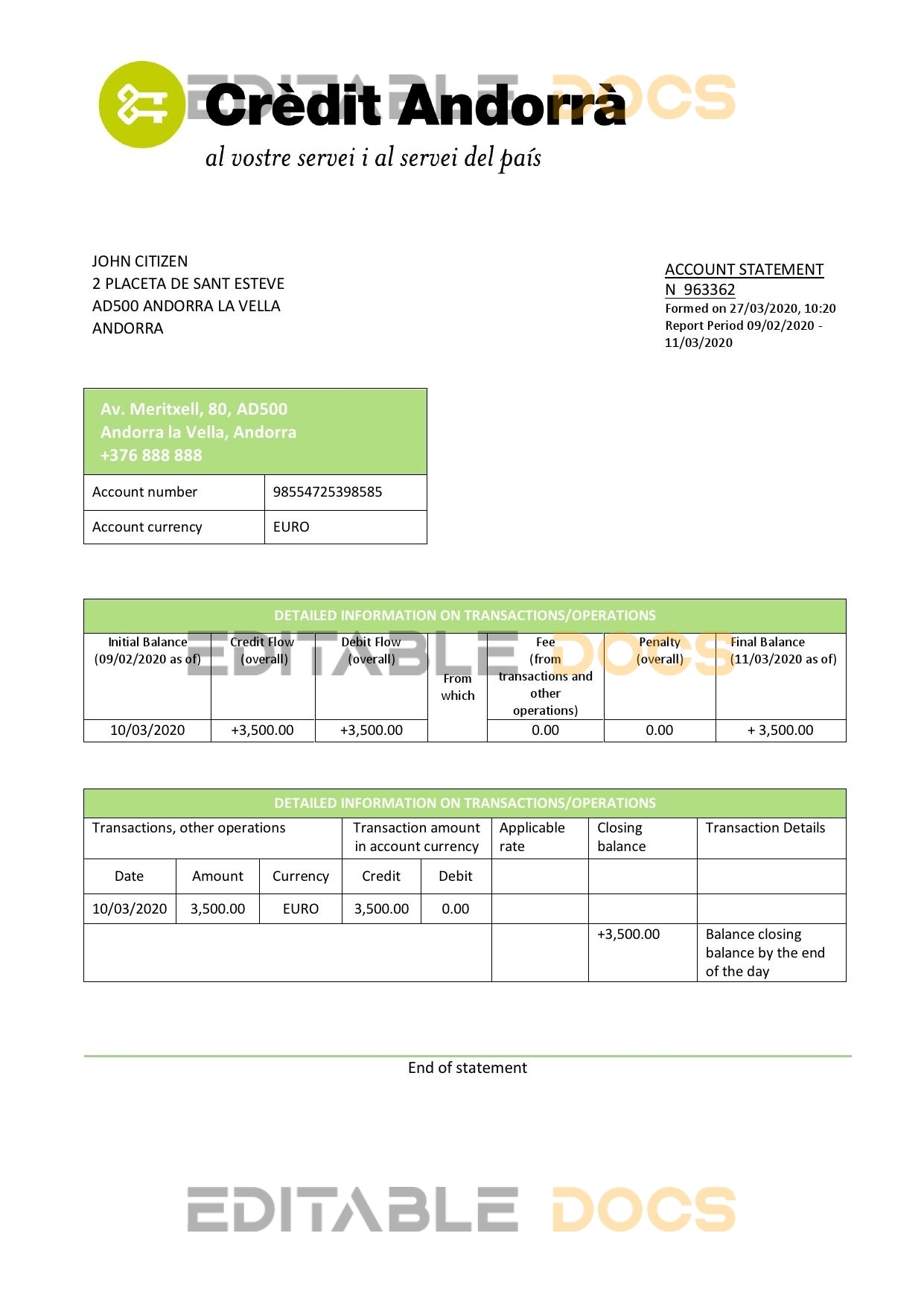 Andorra Credit Andorra bank statement template in Excel and PDF format