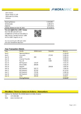 Andorra MoraBank bank statement template in Word and PDF format