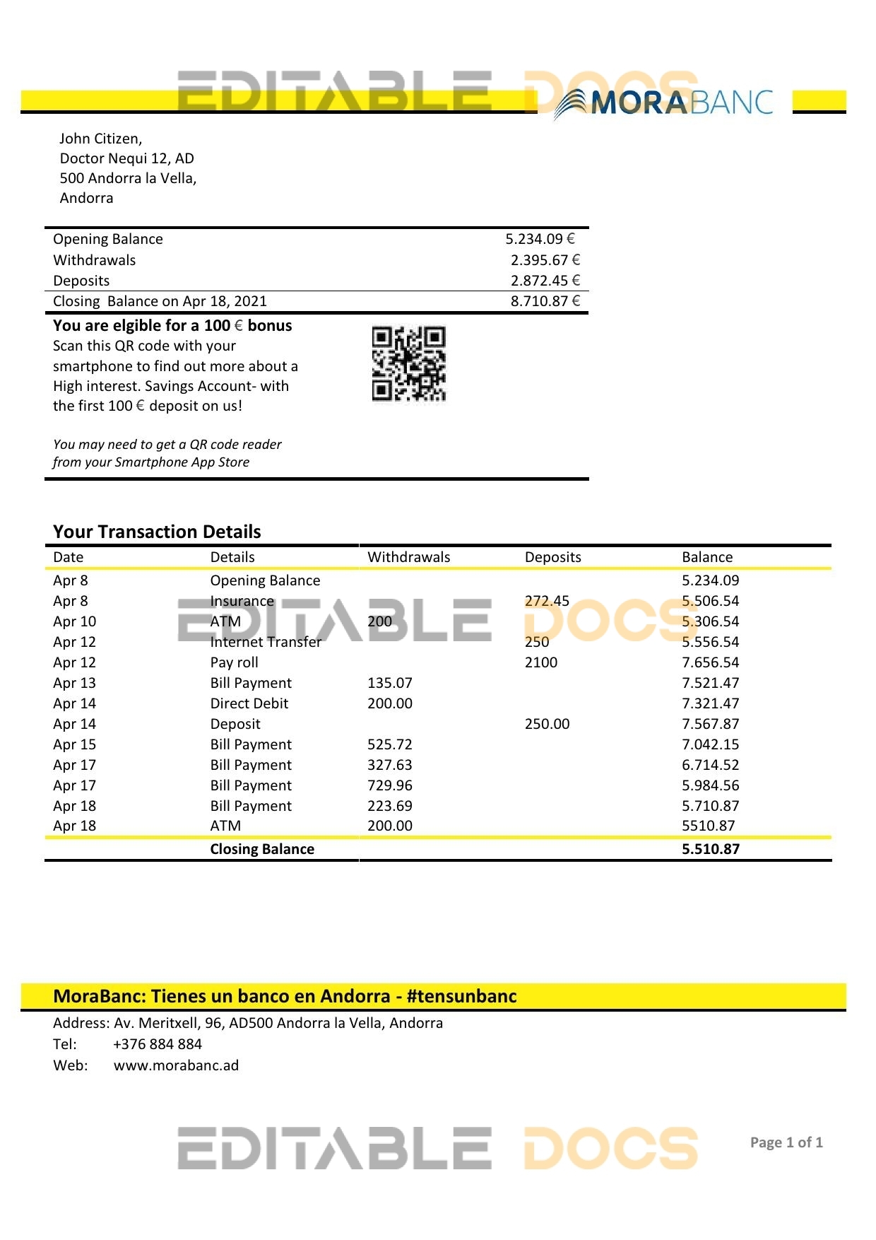 Andorra MoraBank bank statement template in Word and PDF format