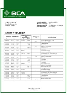 Angola Banco Comercial Angolano bank statement template in Word and PDF format