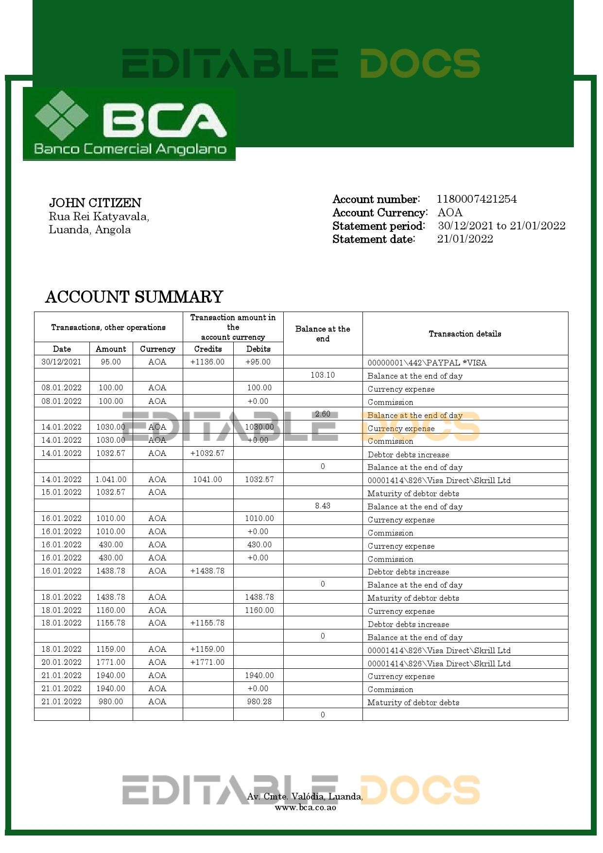 Angola Banco Comercial Angolano bank statement template in Word and PDF format