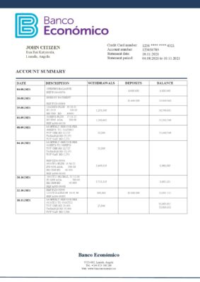 Angola Banco Economico bank statement template in Word and PDF format