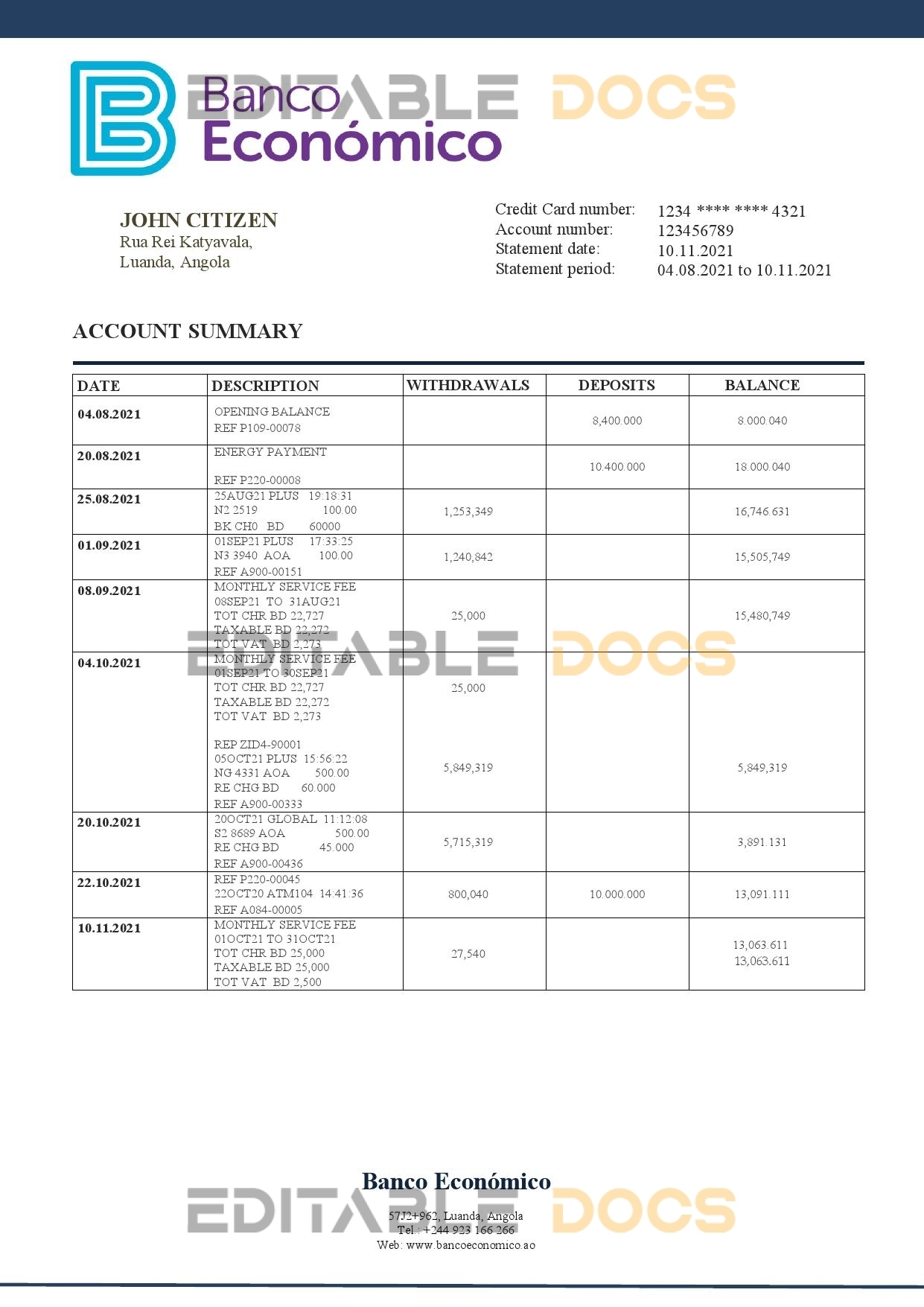 Angola Banco Economico bank statement template in Word and PDF format