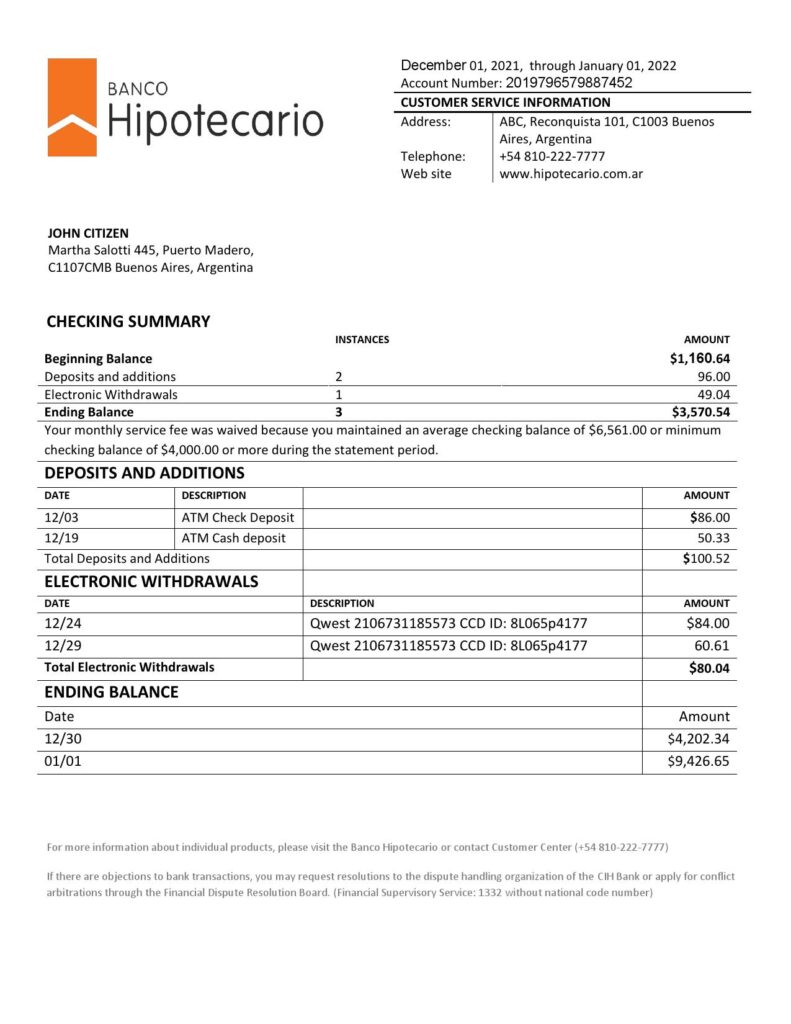 Argentina Banco Hipotecario bank statement template in Word and PDF format