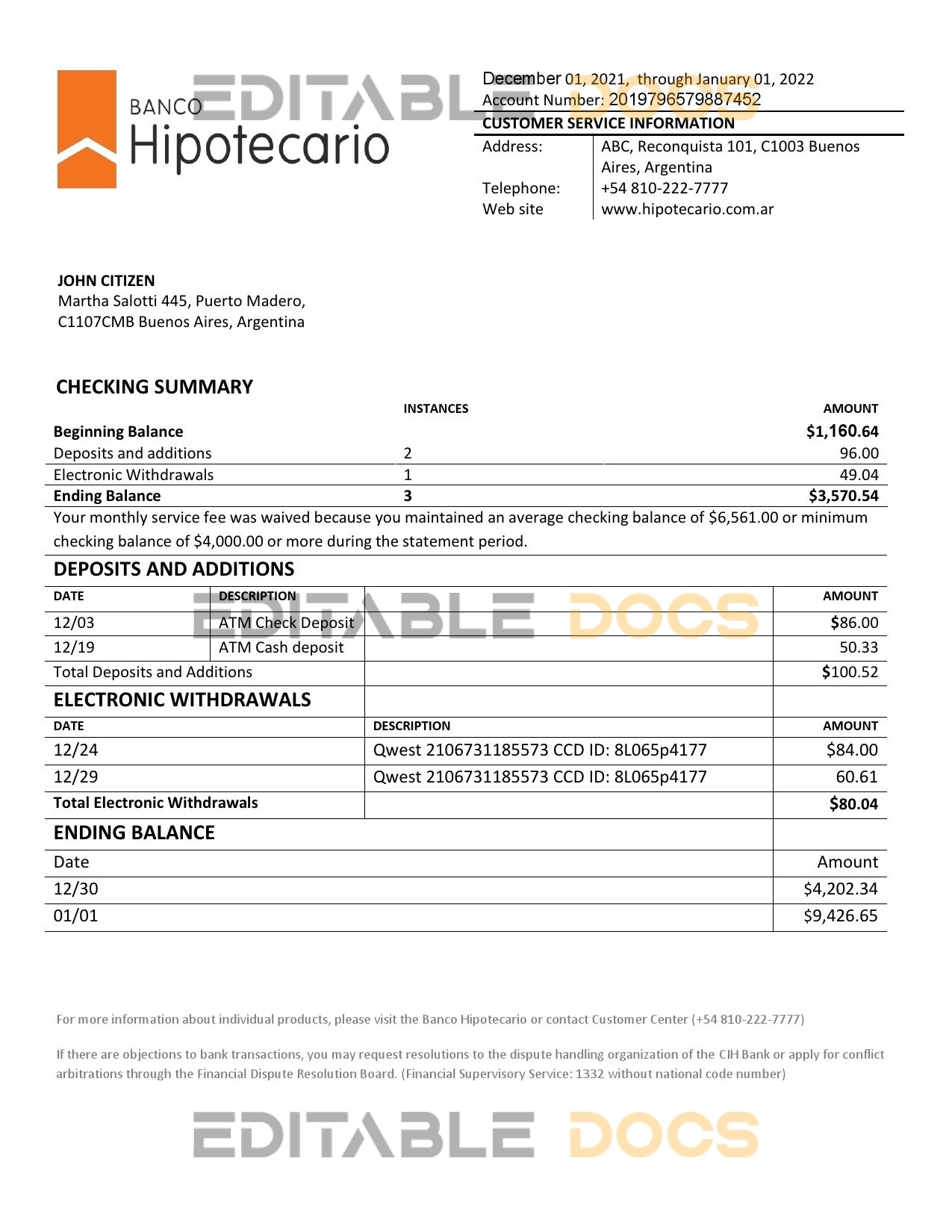 Argentina Banco Hipotecario bank statement template in Word and PDF format