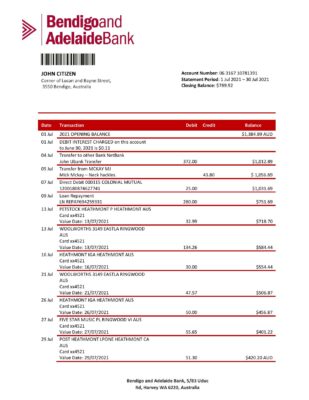 Australia Bendigo and Adelaide Bank bank statement template in Word and PDF format