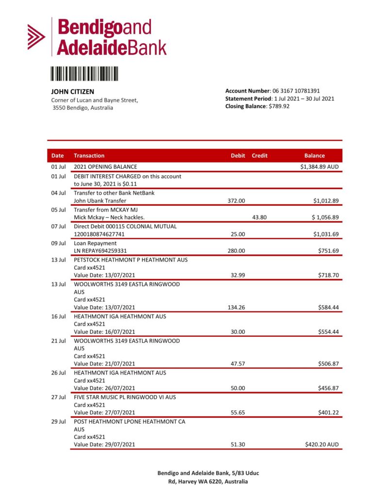Australia Bendigo and Adelaide Bank bank statement template in Word and PDF format