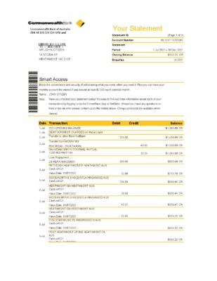 Australia Commonwealth Bank statement template in Excel and PDF format, fully editable