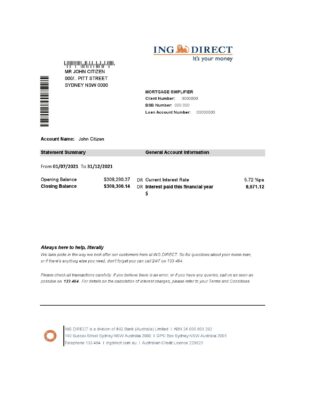 Australia ING Direct bank statement easy to fill template in Excel and PDF format