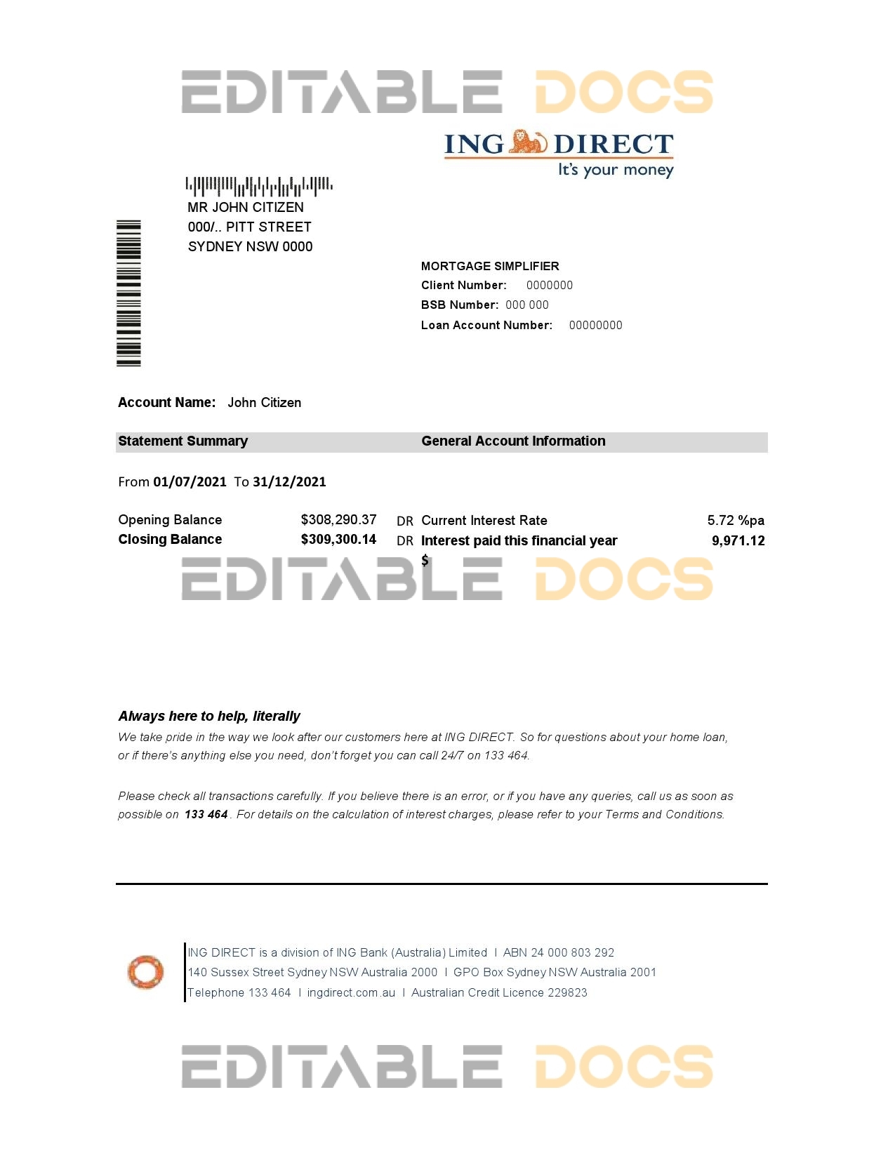Australia ING Direct bank statement easy to fill template in Excel and PDF format