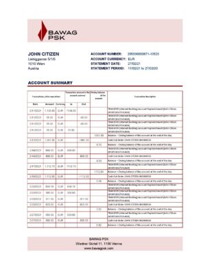 Austria BAWAG PSK bank statement easy to fill template in Excel and PDF format