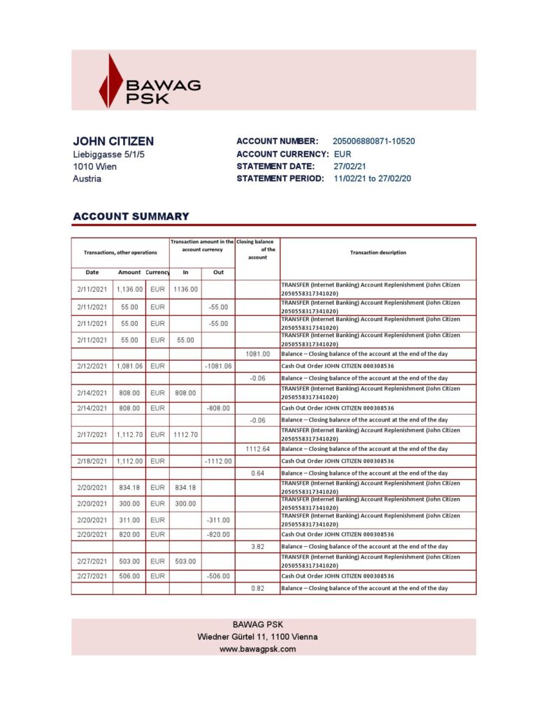 Austria BAWAG PSK bank statement easy to fill template in Excel and PDF format