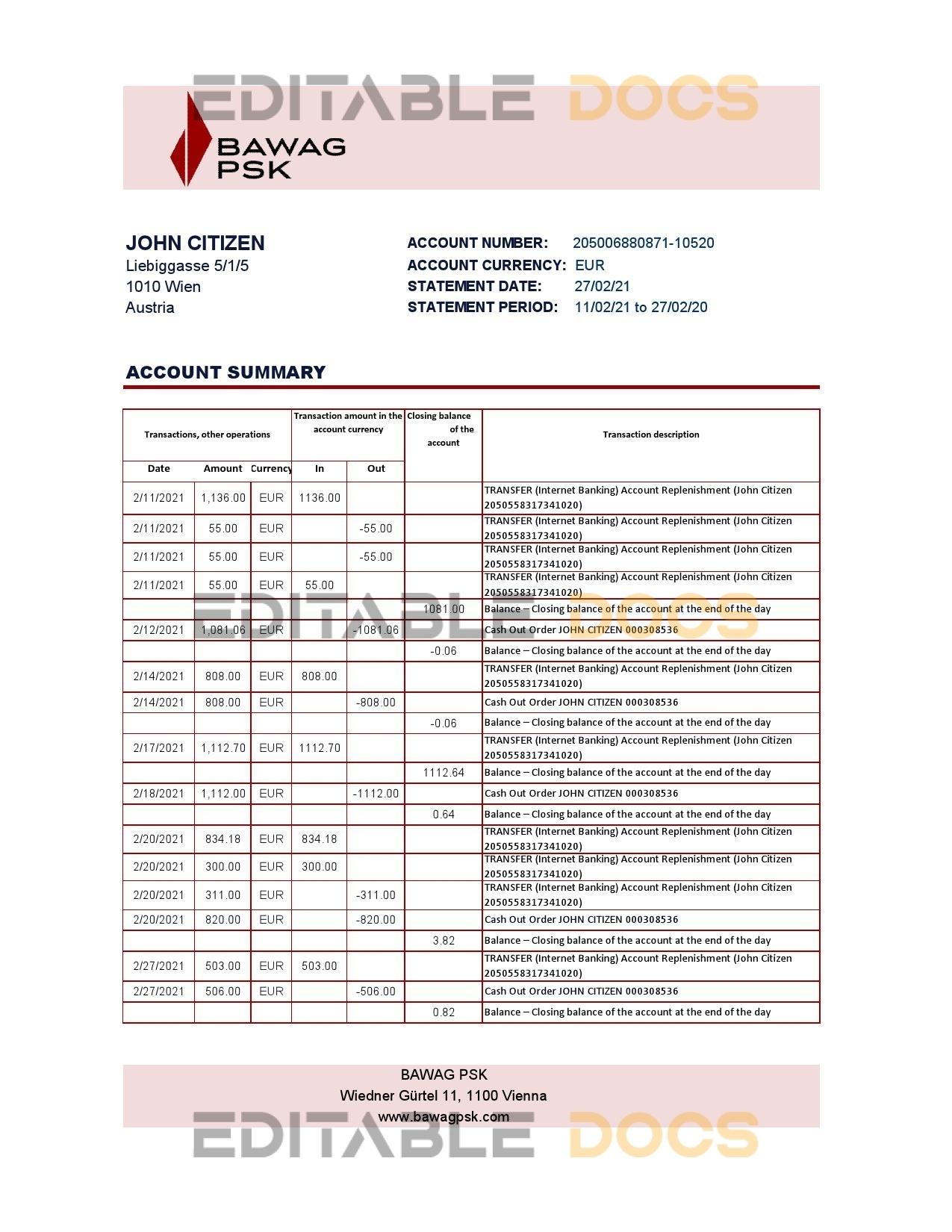 Austria BAWAG PSK bank statement easy to fill template in Excel and PDF format