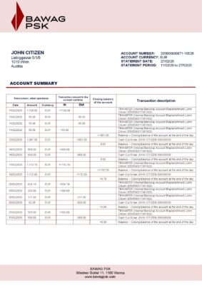 Austria BAWAG PSK bank statement template in Word and PDF format