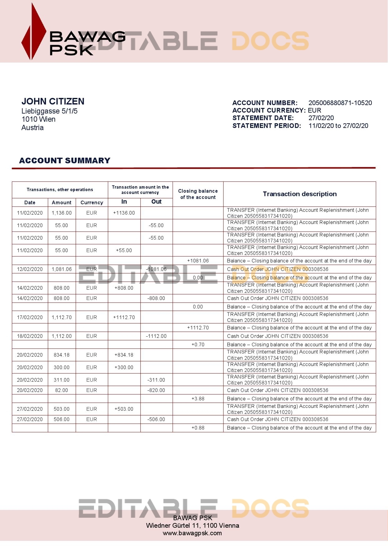 Austria BAWAG PSK bank statement template in Word and PDF format