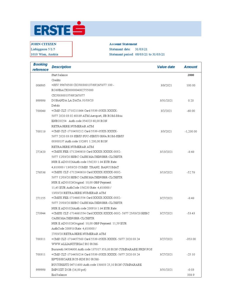 Austria Erste Group bank statement easy to fill template in Excel and PDF format