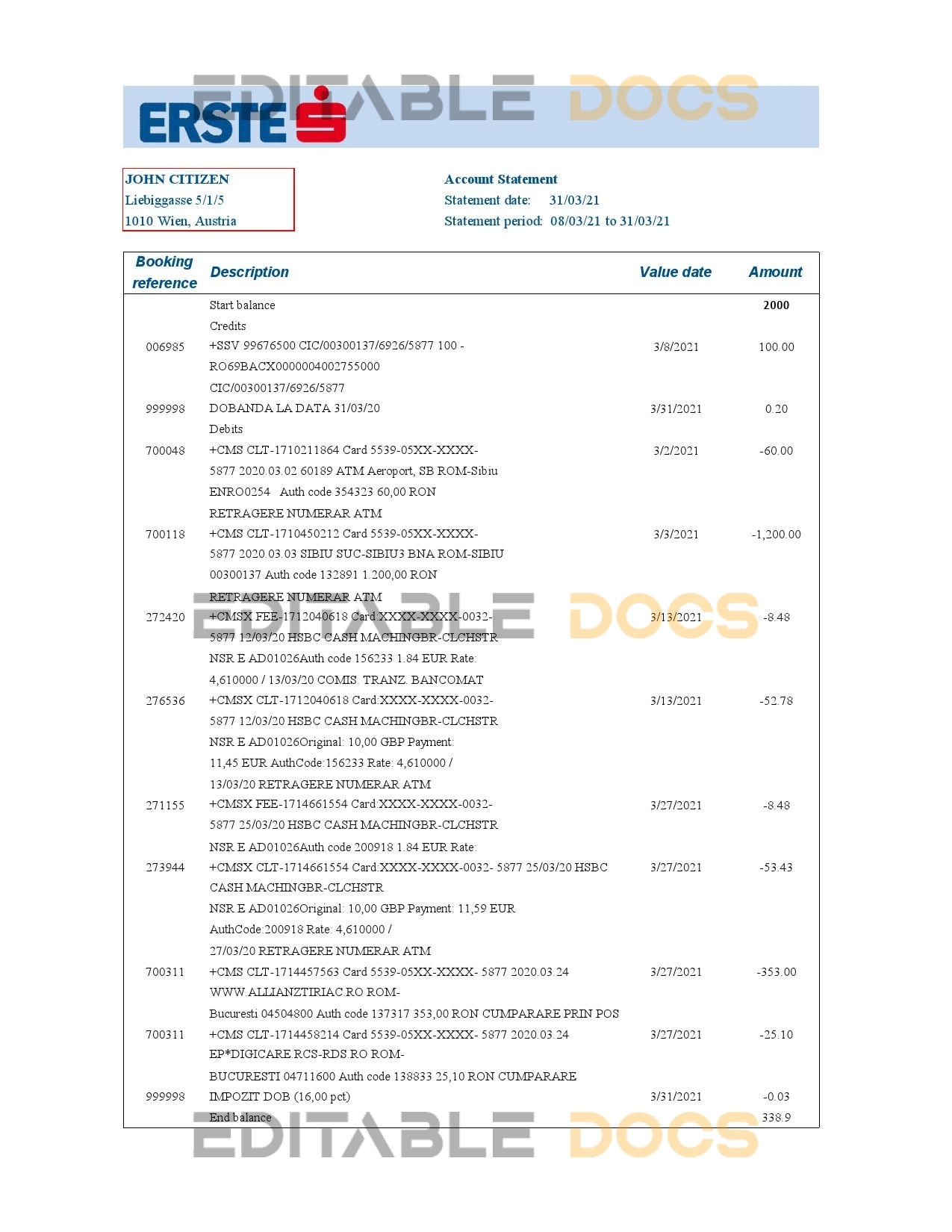 Austria Erste Group bank statement easy to fill template in Excel and PDF format