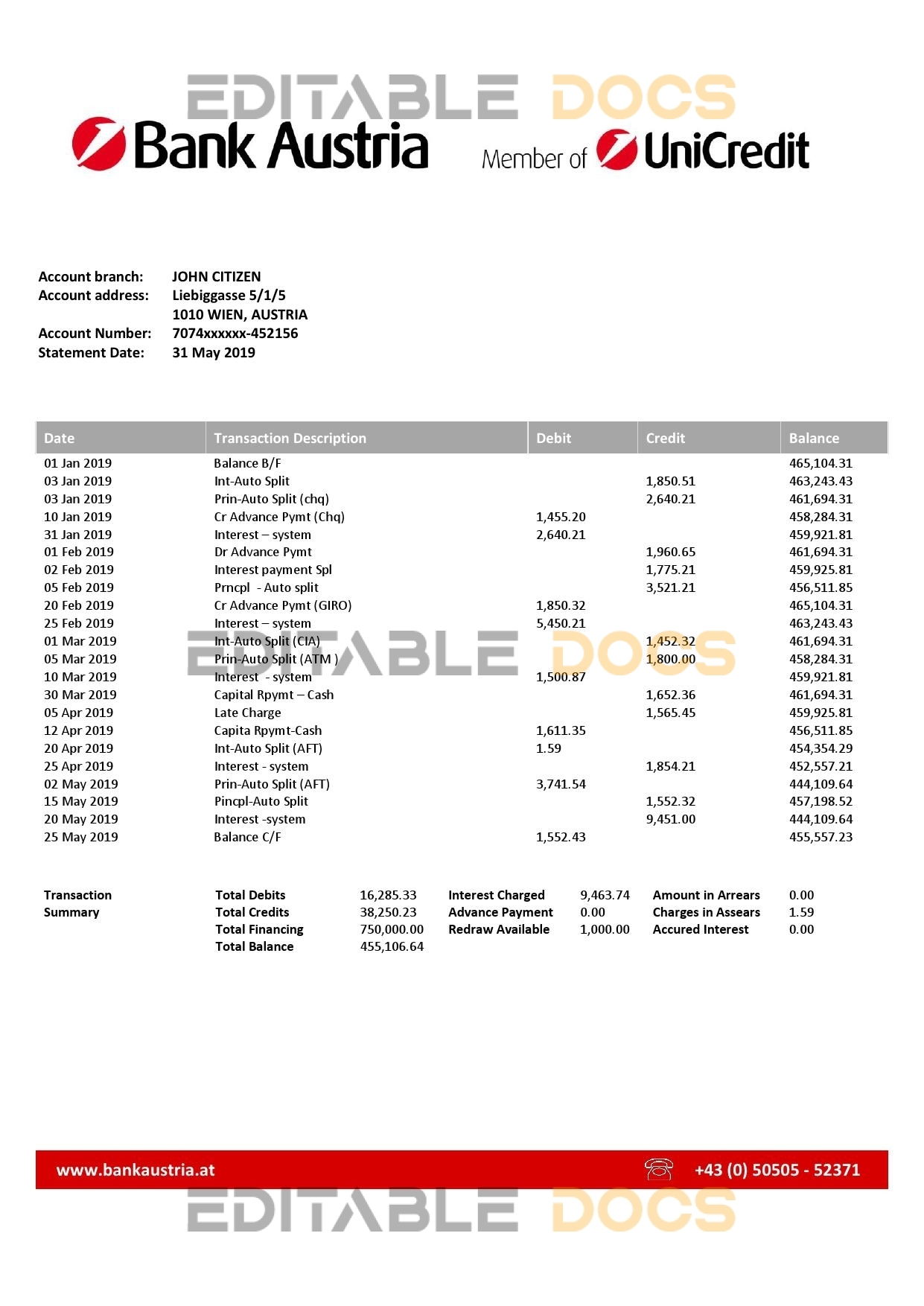 Austria Bank Austria bank statement template in Word and PDF format, .doc and .pdf format