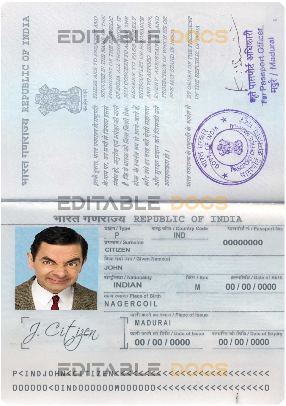 Authentic India PSD Passport Template