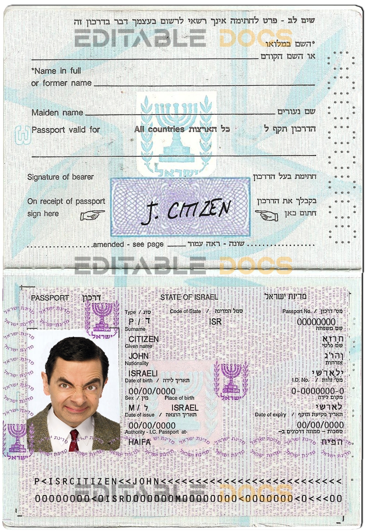 Authentic Israel PSD Passport Template (1992-2013)