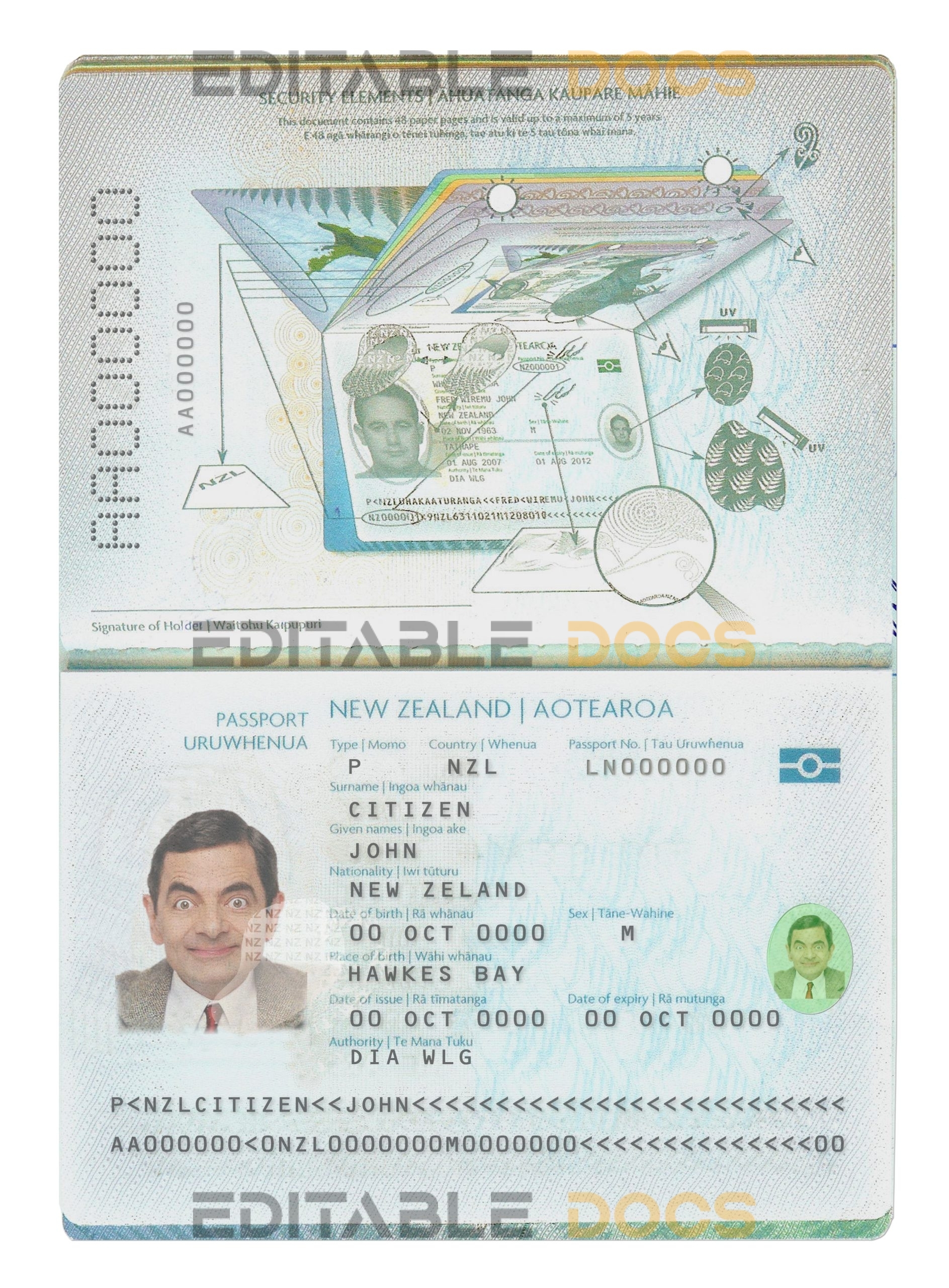 Authentic New Zealand PSD Passport Template (2009-2016)