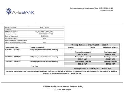 Azerbaijan AFB bank statement template in Word and PDF format, fully editable