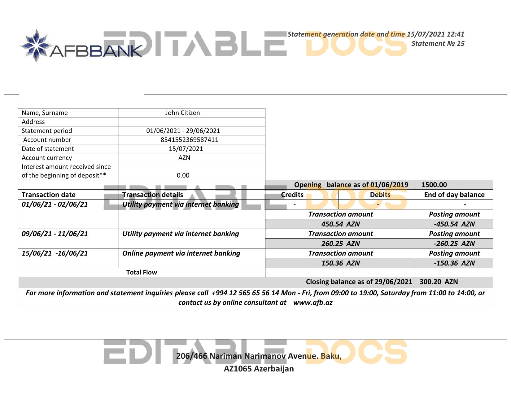 Azerbaijan AFB bank statement template in Word and PDF format, fully editable