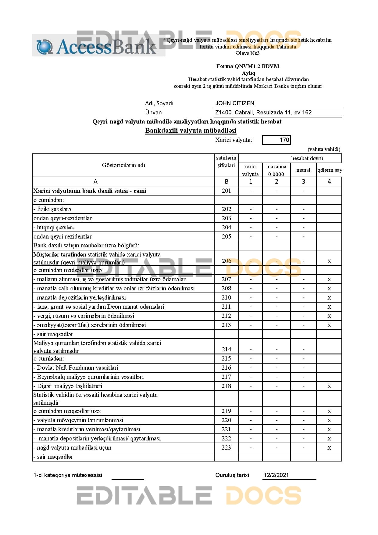 Azerbaijan Access Bank (English language) statement template in Excel and PDF format