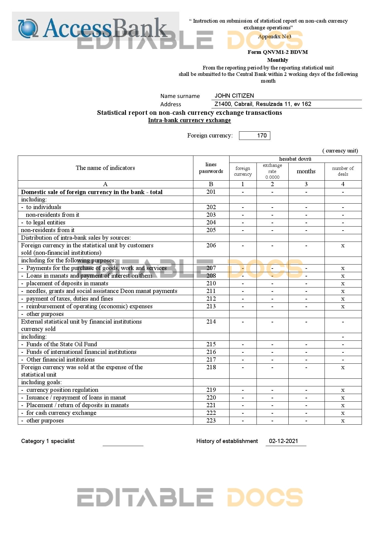 Azerbaijan Access Bank (English language) statement template in Word and PDF format